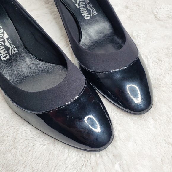 Salvatore Ferragamo Black Patent Leather Almond Toe Semi Wedge Ballet Fl… - Picture 6 of 11